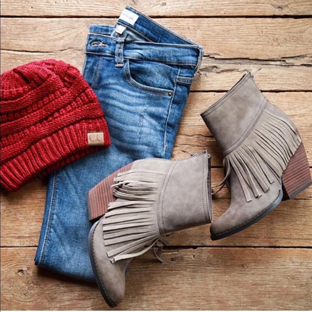 Taupe Fringe Boho Chic Ankle Booties - Picture 7 of 8